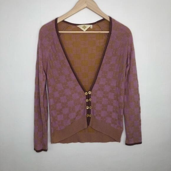 Anthropologie HWR Pink and Gold Checkered Cardigan - Picture 1 of 8